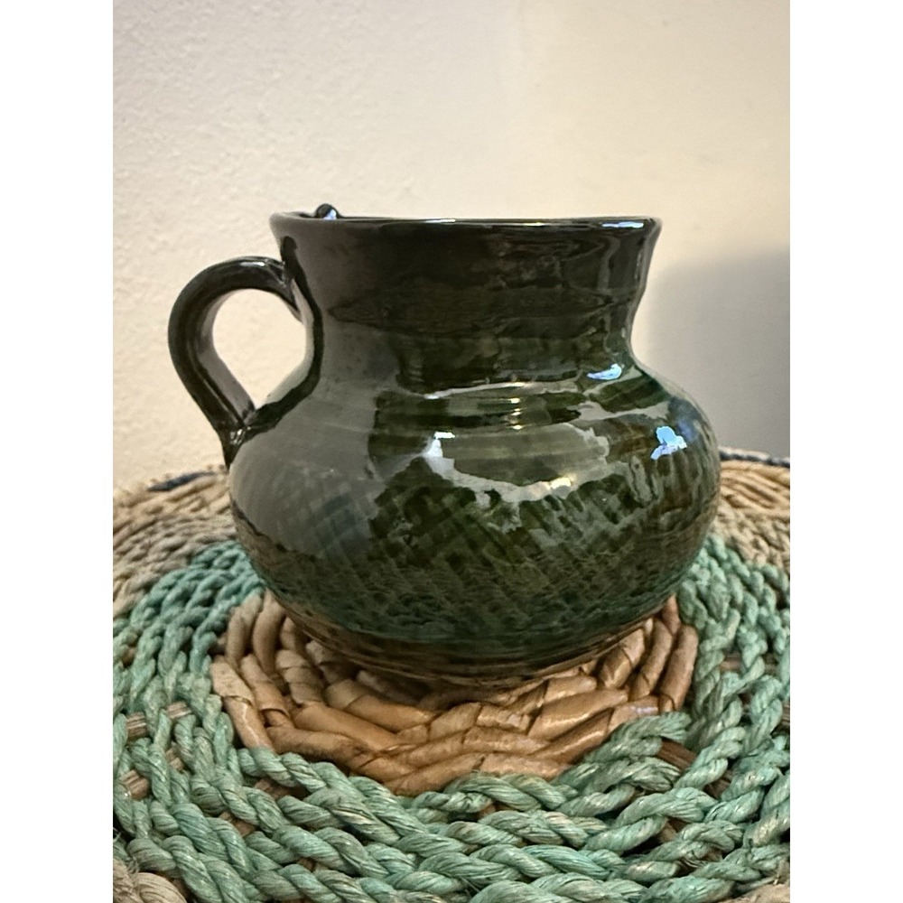 Handcrafted Green Ceramic Pitcher with Handle‎ 3.5" Tall